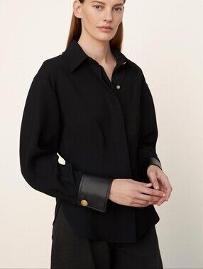 Vince Black Shaped Faux Leather Cuff Button Down Long Sleeve Shirt Blouse XL